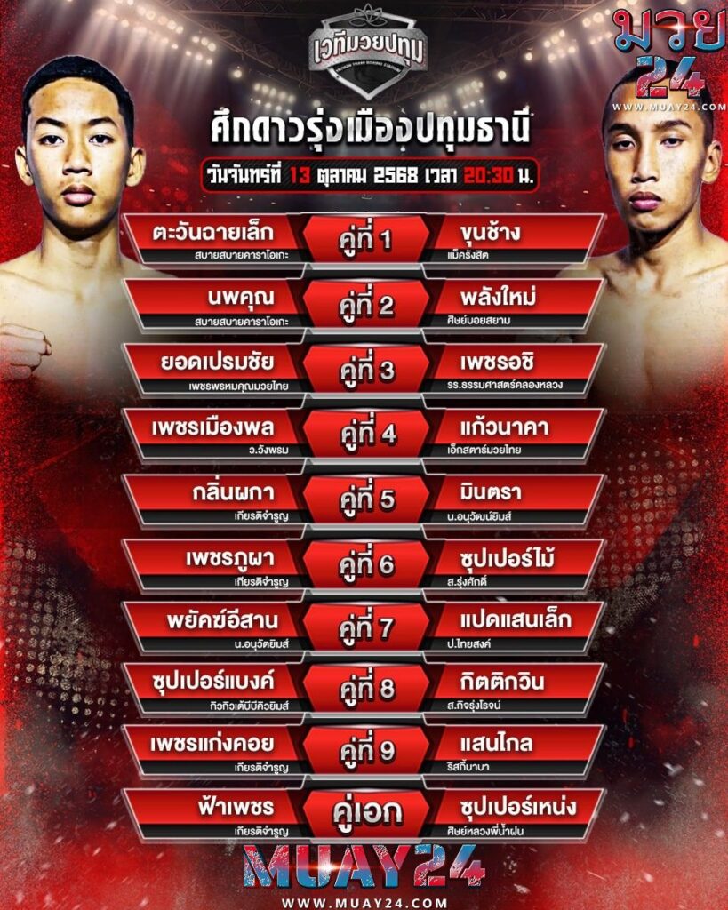 โปรแกรมมวย 13ตุลาคม2025 ศึกดาวรุ่งเมืองปทุมธานี
