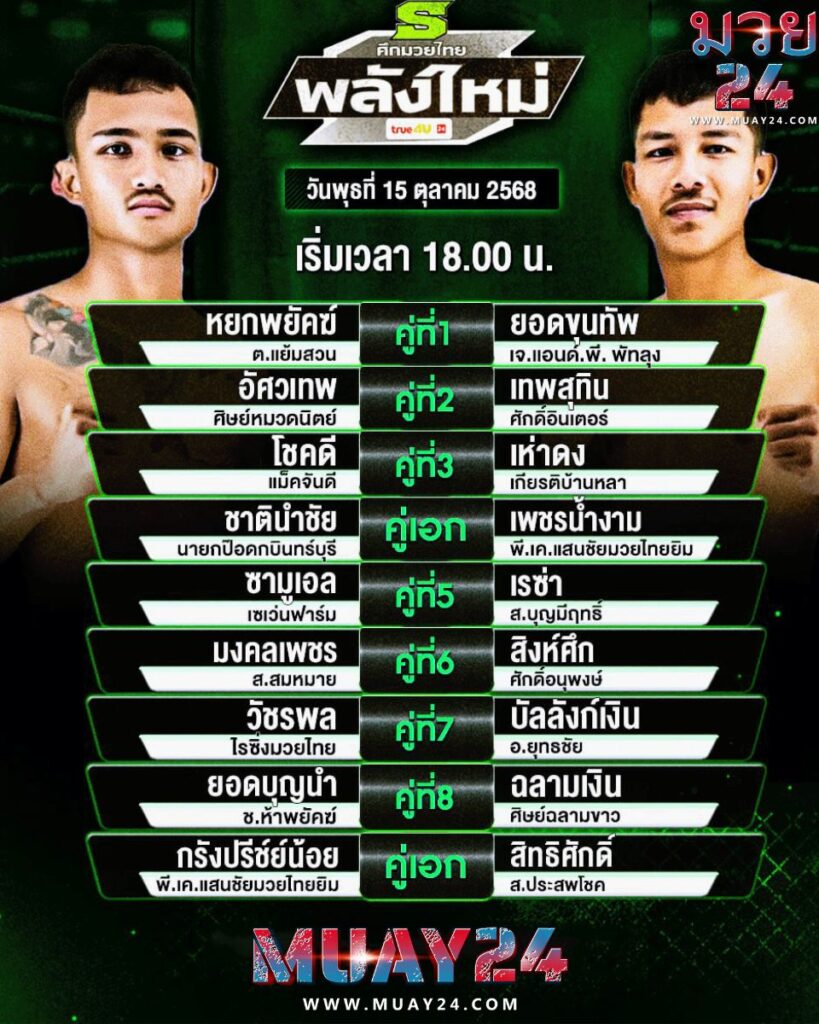 โปรแกรมมวย 15 ตุลาคม 2025 ศึกมวยไทยพลังใหม่